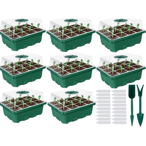 Lot de 8 serres d'intérieur - Bac de culture - Plateau de démarrage - 96 cellules - Mini serre - Plateau de démarrage - Mini propagateur pour semis - Vert (1/5)