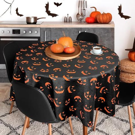 Nappe d'Halloween, nappe citrouille pour décorations de fête, nappe en polyester, noire, ronde, 152 cm, motif citrouille B, 152 cm, motif citrouilleyux (1/5)