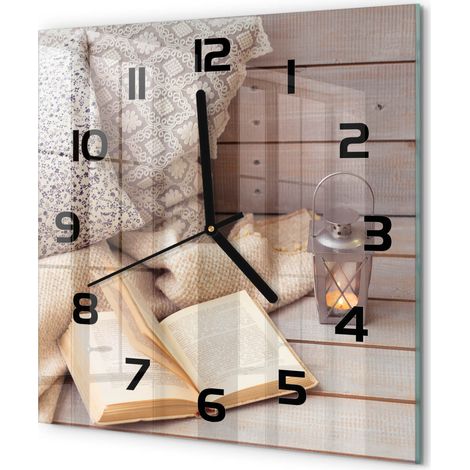 Horloge Murale Carrée Chambre Silencieuse en Verre Sans Tic-Tac Design Moderne Détente avec un livre 30x30 cm (1/5)