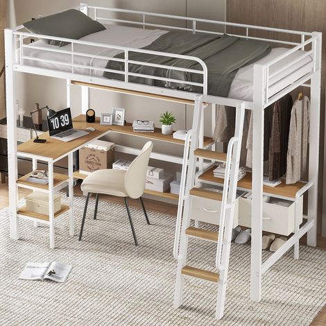 Lit mezzanine 90 x 200 cm en métal blanc marron avec bureau, rangements et 2 boîtes (1/5)
