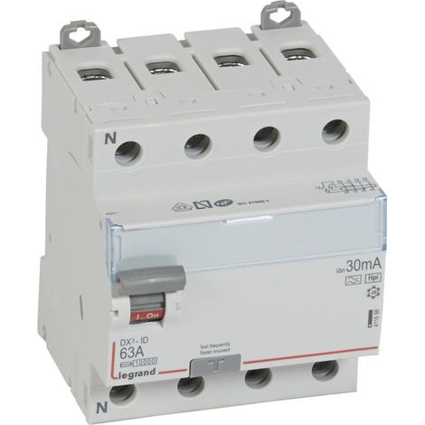 Interrupteur différentiel DX³-ID arrivée haute et départ bas à vis - 4P 400V 63A typeF 30mA - 4 modules - LEGRAND