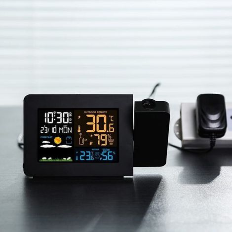 Station météo sans fil, thermomètre et hygromètre avec capteur, horloge météo à projection, thermomètre intérieur/extérieur avec radiocommande RCC, réveil double (1/4)