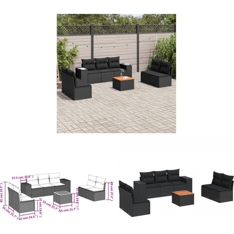 Salon de jardin 8 pcs avec coussins noir résine tressée - Salon De Jardin - Meuble Extérieur - Set Salon - Résine Tressée - Rotin Synthétique - Home & Living (1/3)
