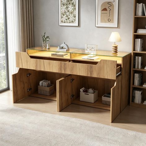 Buffet bas de salon, 140x40x70 cm, Commode avec éclairage LED connecté, Plateau en verre trempé MDF effet bois 2 tiroirs, Naturel