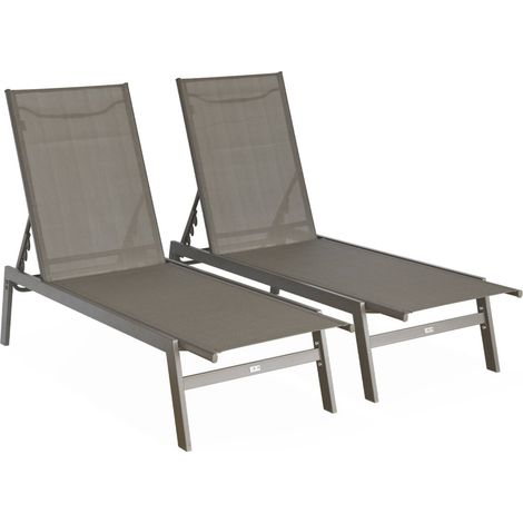 Lot de 2 transats taupe. 5 positions. en textilène et métal. FLORA. L155 x P59 x H106cm