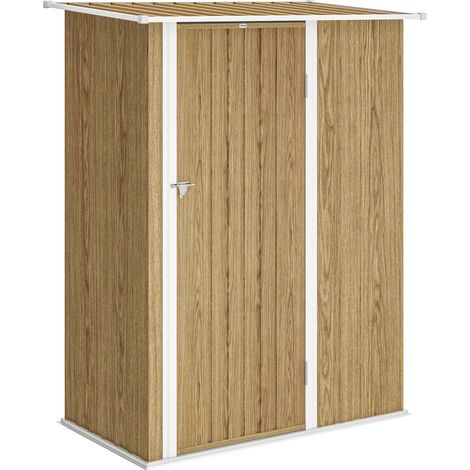 Capanno Porta Attrezzi in Metallo con Tetto Inclinato e Porta Bloccabile, 142x86x189 cm, color Legno