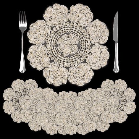 Lot de 6 Sets de Table Dentelle Brodée, 30 cm sous Assiette de Table Rond en Tulle Fleurs Rose, Dessous Assiette Lavable pour Cuisine, Salle à Manger, Fêtes, Décoration (1/5)