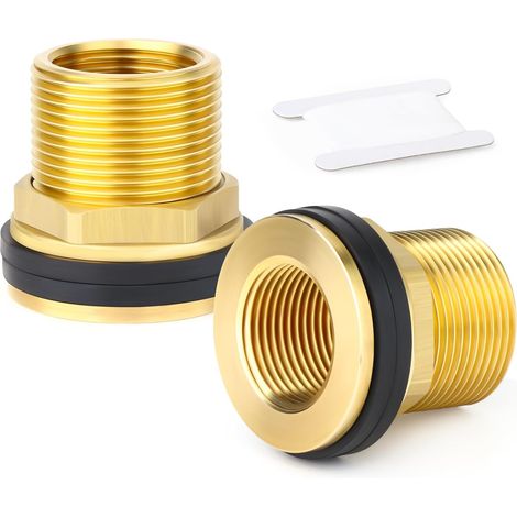 2 pièces raccord de cloison en Laiton pour réservoir d'eau, 1" BSP mâle - 3/4" BSP Femelle Raccord fileté avec 2 Joints en Caoutchouc pour citernes pluviales, Aquariums, baignoires (1/5)