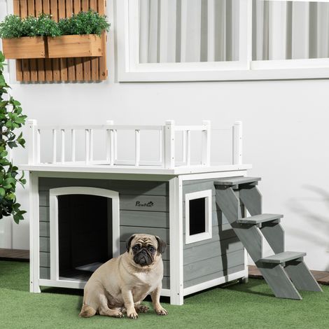 Cuccia per cani, terrazza sul tetto, scale, finestra, altezza da terra, legno naturale, grigio chiaro, 121 x 77 x 78 cm