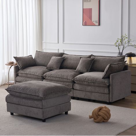 Divano angolare modulare da 3 posti in tessuto felpa (chenille) con pouf mobile grigio, per soggiorno (1/5)