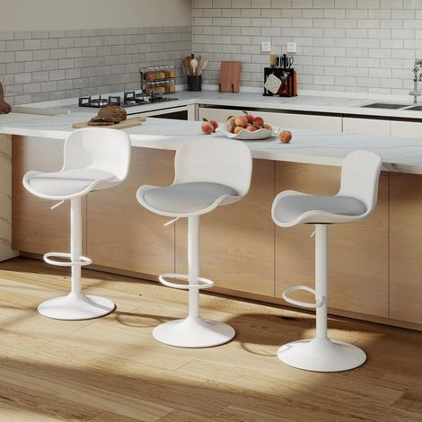 Barhocker 3er Set, Höhenverstellbar, PU-Leder, mit Rückenlehne & Fußstütze, Weiß/Grau (1/5)