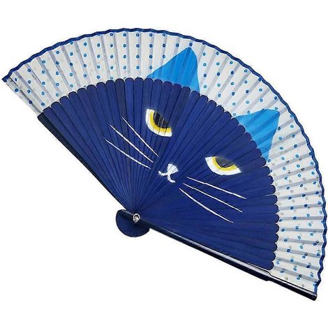 Éventail pliant pour femme, éventail portable, éventail en soie pliable avec chat de dessin animé (1 pièce, bleu) (1/5)