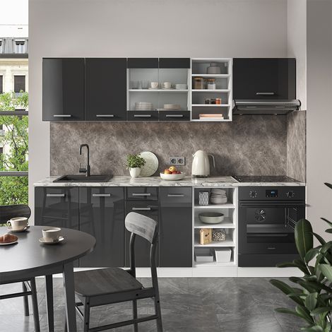 Cucina componibile R-Line, Antracite lucido/bianco, 240 cm senza piano di lavoro, Vicco