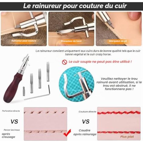 Kit d'outils de perforation du cuir avec emporte-pièce à griffes 5 en 1 pour la couture et le rainurage + 2 bâtonnets de polissage pour loisirs créatifs et couture. (1/3)