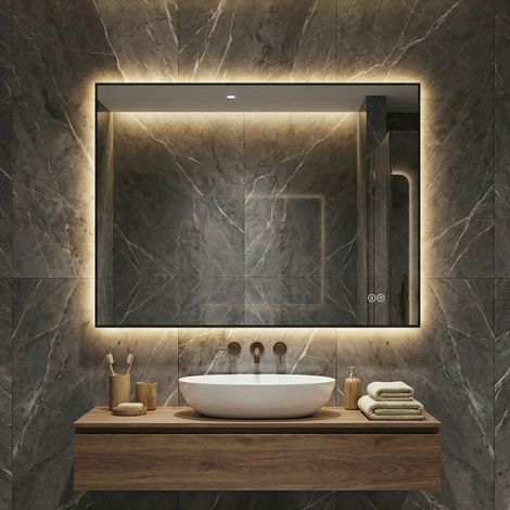 Miroir mural LED salle de bain 60x80 cm, aluminium, rétro-éclairage, anti-buée, 3 températures, variateur continu, mémoire, verre argenté 5 mm sans cuivre (1/5)
