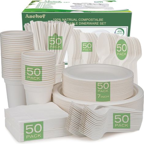 400Pcs Assiettes jetable Blanche en Bagasse Bio Vaisselle Tasse Paille Serviette + Fourchette Couteau Cuillère Réutilisable pour Fête de Mariage Soirée Party Camping 50 Invités (1/5)