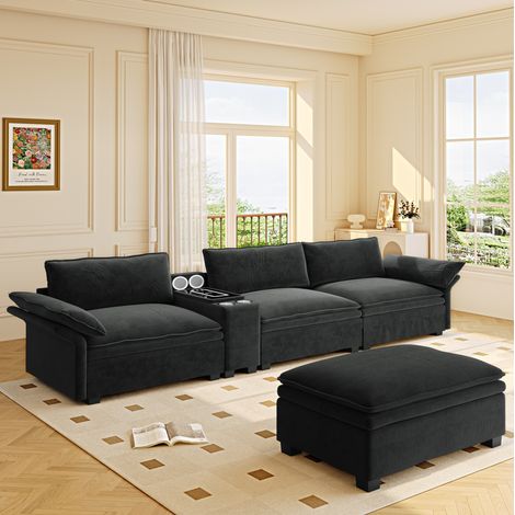 Modulares Ecksofa 315x70x85 cm schwarz Chenille mit Ottoman, Stauraum, kabellosem Laden und Bluetooth-Lautsprechern (1/5)