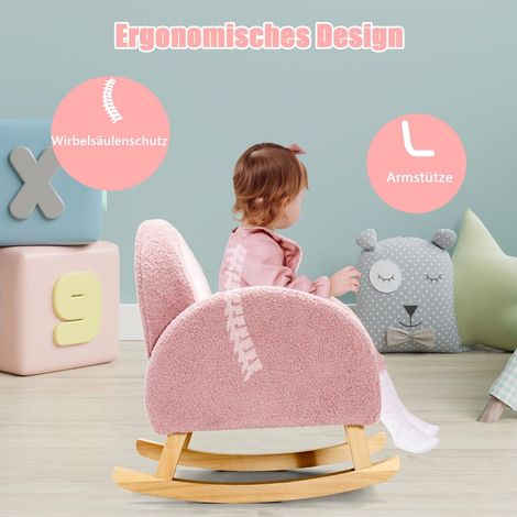 Fauteuil à bascule enfant rose en velours teddy avec assise rembourrée et pieds en bois massif pour chambre, salon et aire de jeux (1/5)