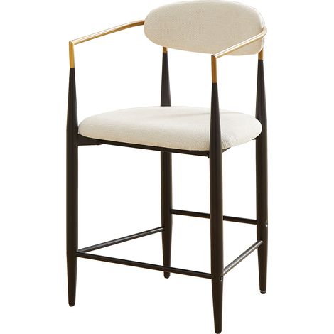 Set de 2 tabourets de bar avec accoudoirs, cadre noir et détails dorés, coussins en tissu crème, style maison de campagne française (1/5)