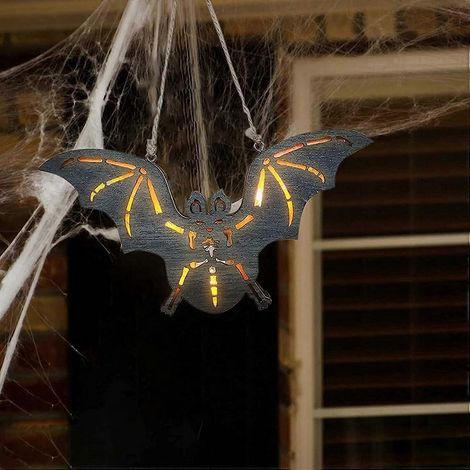Panneau suspendu chauve-souris d'Halloween, panneau de bienvenue pour porte d'entrée, décoration murale/porte d'Halloween en bois découpé avec LED pour intérieur et extérieur (couleur bois) (1/5)