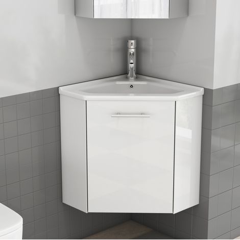 Meuble vasque d’angle gain de place avec lavabo céramique, MDF blanc brillant, 39,8 x 24,8 x 40 cm