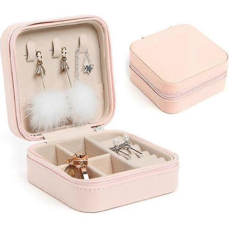 Boîte à bijoux portable, organisateur de rangement, porte-boucles d'oreilles, fermeture éclair, étui de voyage en cuir pour femme, 10 x 10 x 5 cm (1/2)