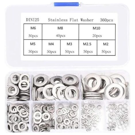 Ensemble de 360 rondelles plates en acier inoxydable,rondelle plate, entretoise M2 M2.5 M3 M4 M5 M6 M8 M10, kit de fixation de rondelles métalliques (1/5)