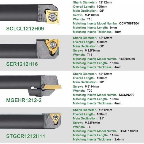 Set aus 21 12-mm-Hartmetall-Drehwerkzeugen mit Stangen und Schraubenschlüsseln (7 Halter + 7 Klingen + 7 Schraubenschlüssel)