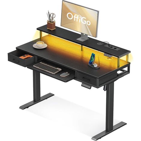 Elektrischer Schreibtisch höhenverstellbar 120cm mit Schubladen, Monitorständer, Tastaturablage und LED (1/5)
