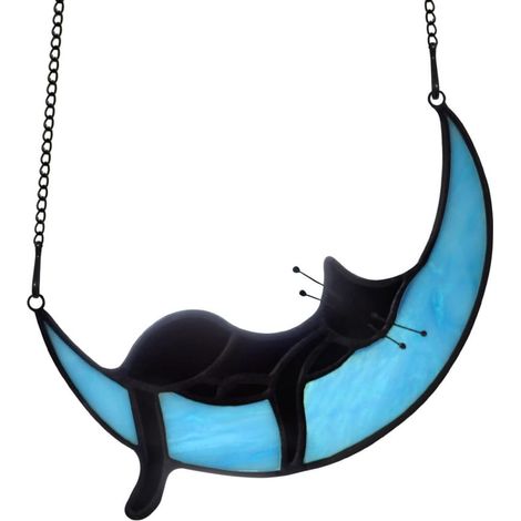Suspension Vitraux Chat Lune - Décor Fenêtre en Acrylique 23 x 23 cm - Pour Intérieur Extérieur - Souvenir Animal de Compagnie - 1 Pièce (1/5)