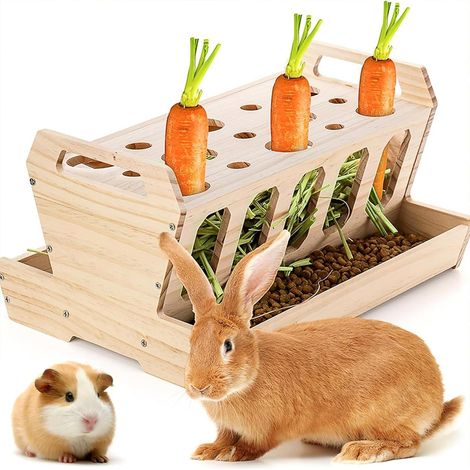 Hay Rack for Rodents, Large Capacity Wooden Hay Dispenser for Rabbits, Guinea Pigs, Freestanding Feeder with Carrot Rack (Natural Untreated Wood, 30 x 22 x 18 cm) (1/5)