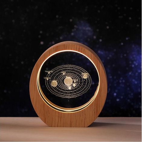 Veilleuse planétaire ronde en bois, motif système solaire, sculpture en cristal 3D illuminée, décoration de bureau, socl (1/5)