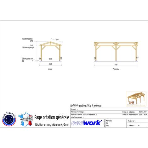 Carport bois 2 pentes en bois douglas 28 m², 6 poteaux avec pieds de poteaux fixes. Abri voiture extérieur. Garantie 10 ans. (1/5)