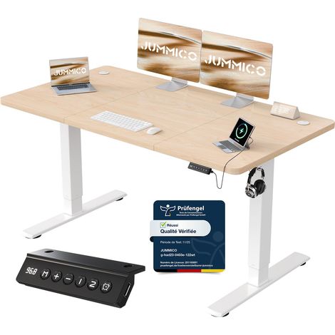 Bureau Assis Debout 140×60 cm, Rappel Posture, 2 Mémoires, Beige (1/5)