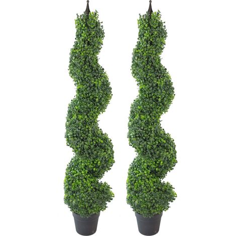 Pair of 120cm (4ft) Tall Artificial Boxwood Tower Trees Topiary Spiral Metal Top (1/5)