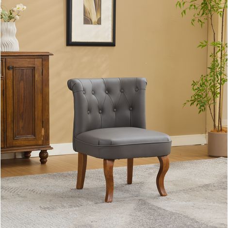 Fauteuil gris en cuir et bois avec dossier capitonné et pieds en bois massif (1/5)