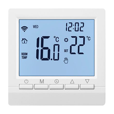 Un thermostat de chaudière alimenté par batterie, régulateur de température ambiante programmable.