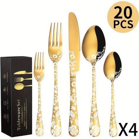 Ménagère 20 Pièces en Acier Inoxydable, Motif Fleur de Pivoine, Service de Couverts pour 4 Personnes, Couteaux Fourchettes Cuillères (1/5)