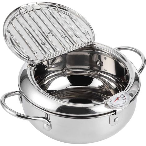 Friteuse japonaise à tempura avec thermomètre, mini friteuse à tempura pour poulet, frites, poisson et crevettes ([201 Acier inoxydable] Friteuse 20 cm) (1/3)
