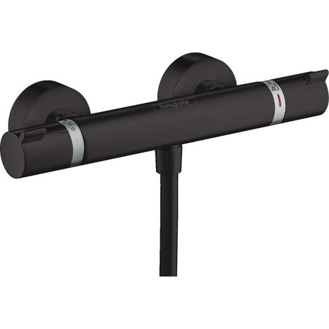 Mitigeur de douche thermostatique, Robinet de douche apparent avec arrêt de sécurité à 40°C, Thermostat rond, 1 sortie, Noir Mat, 13116670 (1/3)