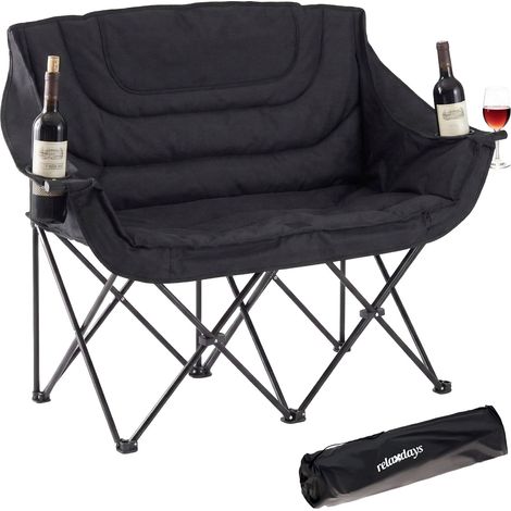 Relaxdays Camping Bank, faltbar, Tragetasche, Getränkehalter, 272 kg, Doppel Campingstuhl, Polyester & Metall, schwarz