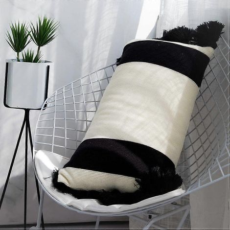 Housse de coussin décorative en maille de coton rayée style ferme avec pompons, idéale pour canapé, sofa ou salon (Noir B, 33 x 66 cm) (1/4)