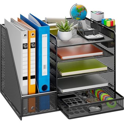 Support De Documents - Rangeur De Bureau À 5 Niveaux - Avec Tiroir Et 2 Porte-Stylos - Support À Revues En Maille Métallique - Noir - 35 X 30 X 28 Cm (1/5)
