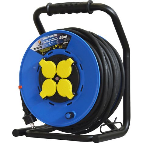 Enrouleur électrique 4 prises 40m H07RN-F 3G2.5mm² – Protection enfants IP44 – Disjoncteur thermique – Système anti-twist – I-Watts