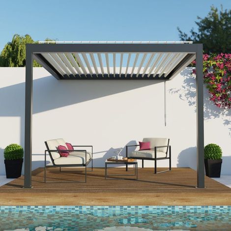 Pergola Bioclimatique Aluminium Adossée Anthracite 3x3 Manuelle S ORIAL France (1/2)