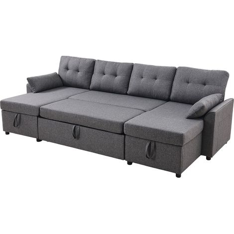 Canapé d'angle en U convertible, canapé-lit 6 places avec 2 poches latérales, 2 coussins et méridienne double, structure métallique, grand rangement, gris, pour salon et appartement (1/5)