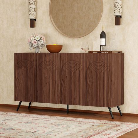 Buffet milieu de siècle effet noyer rainures 3D portes voûtées, étagères réglables pieds métalliques dorés couloir