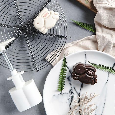 Moule à gâteau de lune en forme de tonneau de 50 g avec tampon lapin 3D et presse manuelle (1/4)