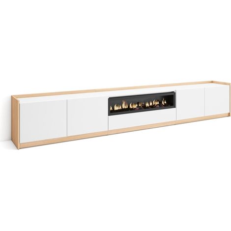 Skraut Home - Mobile TV Soggiorno, 310x37x50cm, Per TV fino a 80", Camino elettrico, Bianco e Rovere soft (1/5)