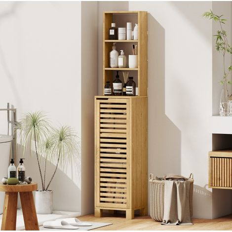 Armario de baño alto de bambú natural 34 x 30 x 170 cm con 3 estantes abiertos y puerta (1/5)
